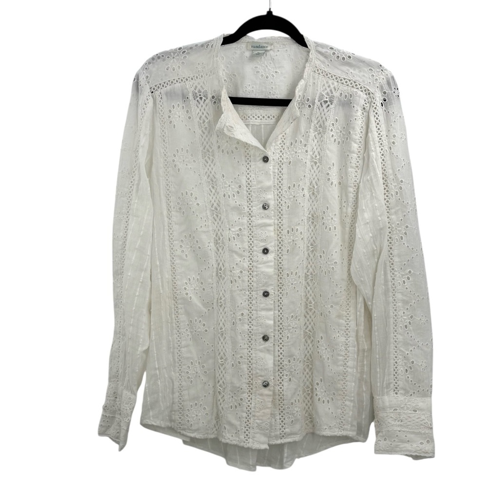 Sundance White Eyelet Lace XL Boho Victorian Cottagecore Cotton Button Front Top - Picture 5 of 14